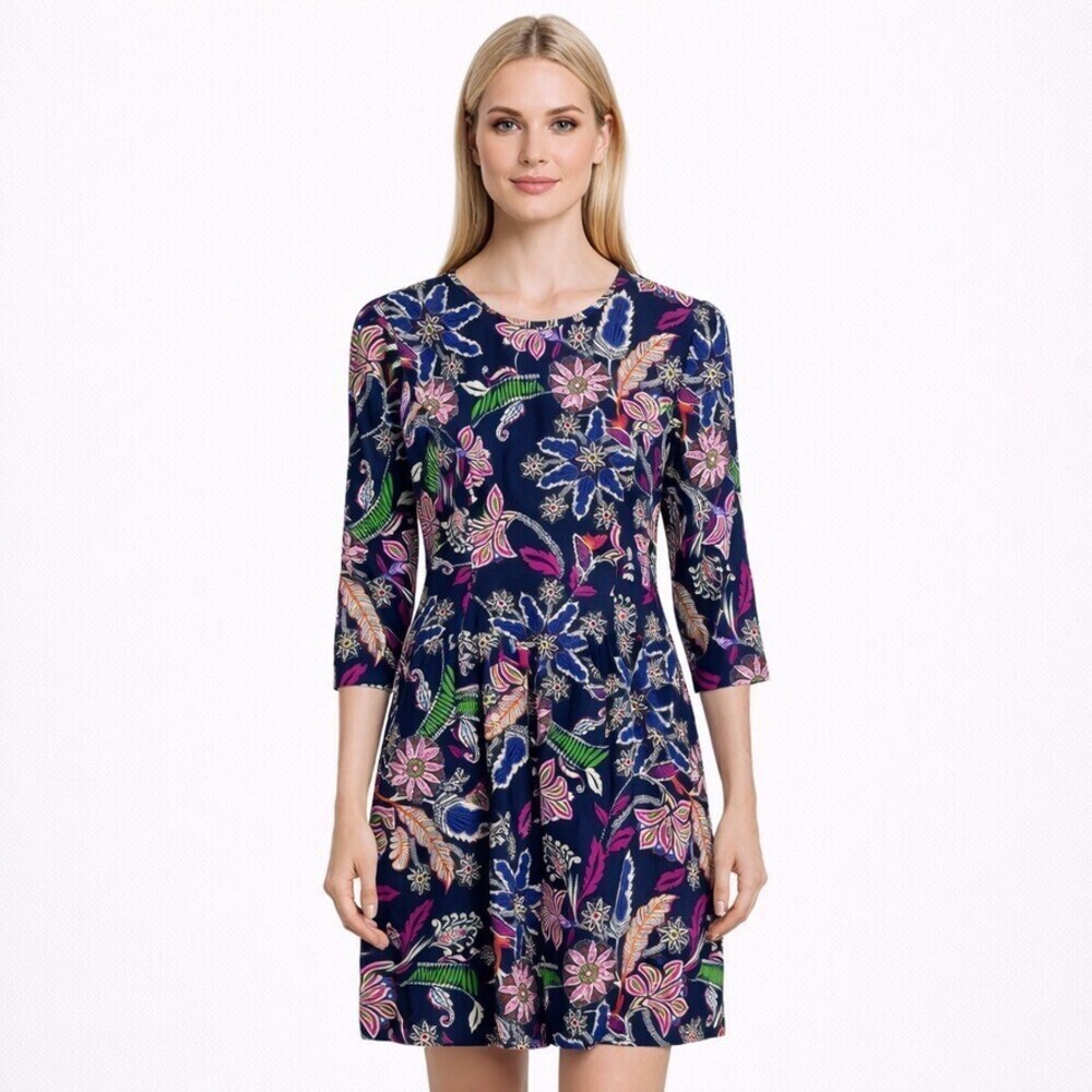 Jude Connally Brynn Floral Navy Dress Small Fit & Flare jude cloth 3/4 sleeves